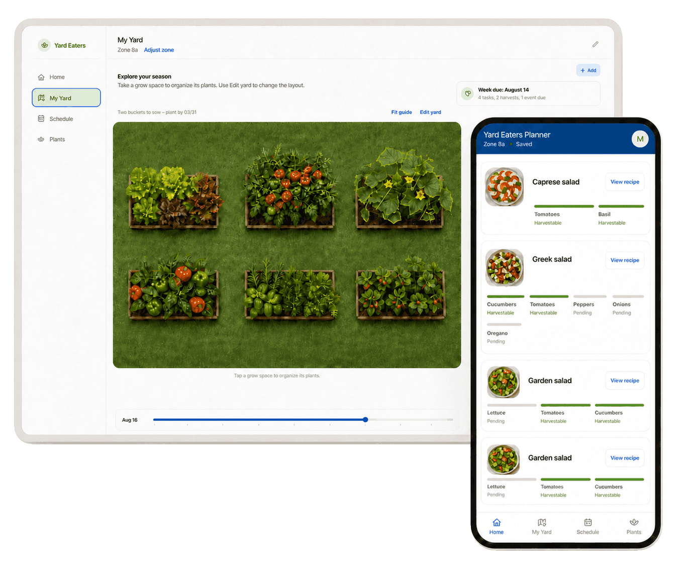 Yard Eaters Planner showing six raised beds on desktop and four garden meals on a phone