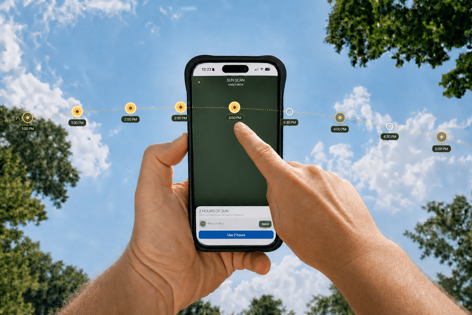 A gardener using Yard Eaters Sun Scan to measure direct sunlight over time