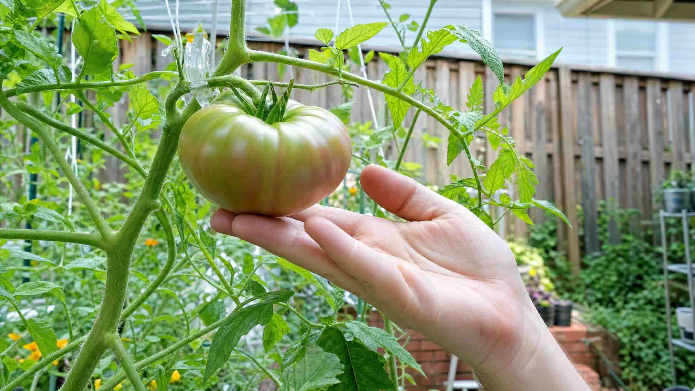 This Cherokee Purple is right at the break point. That blush of color at the blossom end is your signal to pick. A Cherokee Purple tomato on the vine at its break point, showing a faint blush of color at the blossom end