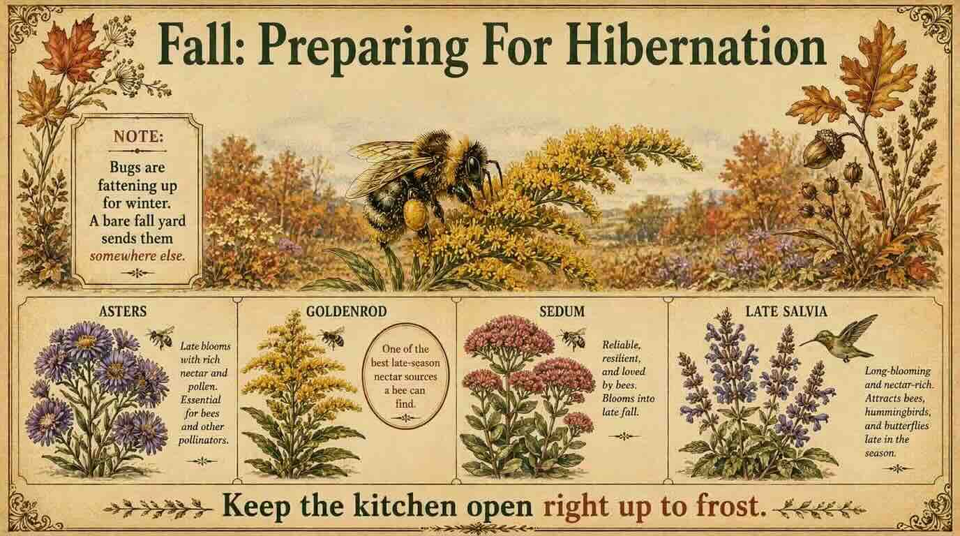 Fall is the window everyone misses. Goldenrod, asters, sedum, and late salvia let the bugs fatten up before frost. Fall pollinator flowers including asters, goldenrod, sedum, and late salvia