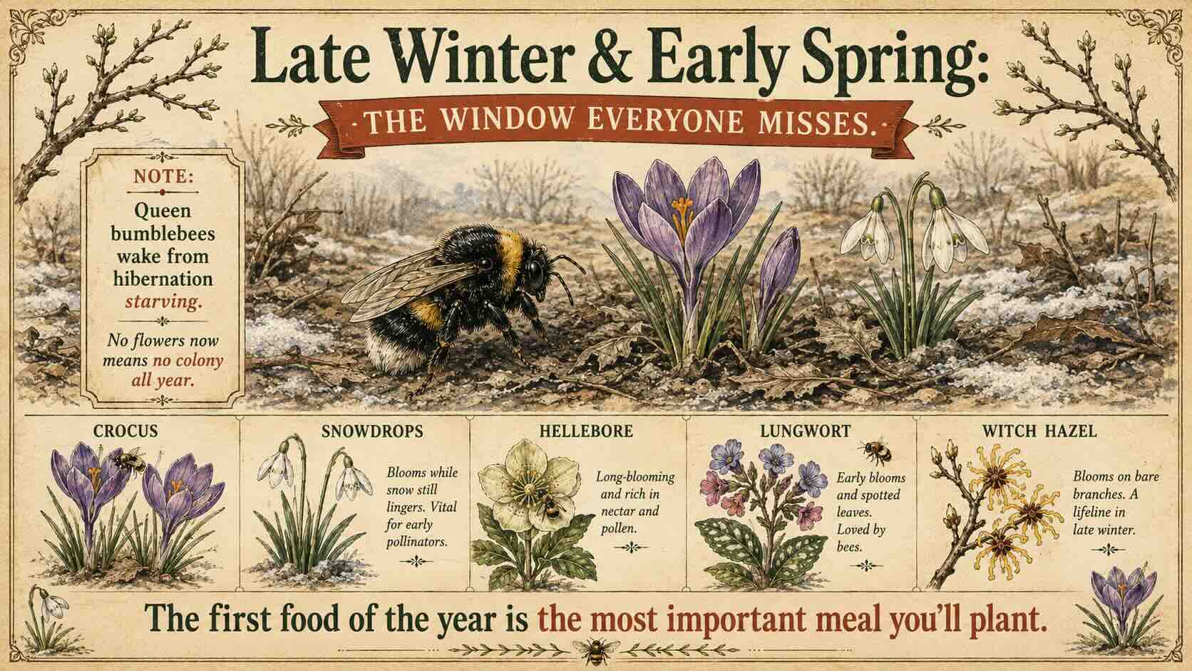 The first food of the year is the most important meal you will plant. Crocus, snowdrops, hellebore, lungwort, and witch hazel feed waking queen bumblebees. Late winter and early spring flowers that feed queen bumblebees, including crocus, snowdrops, hellebore, lungwort, and witch hazel