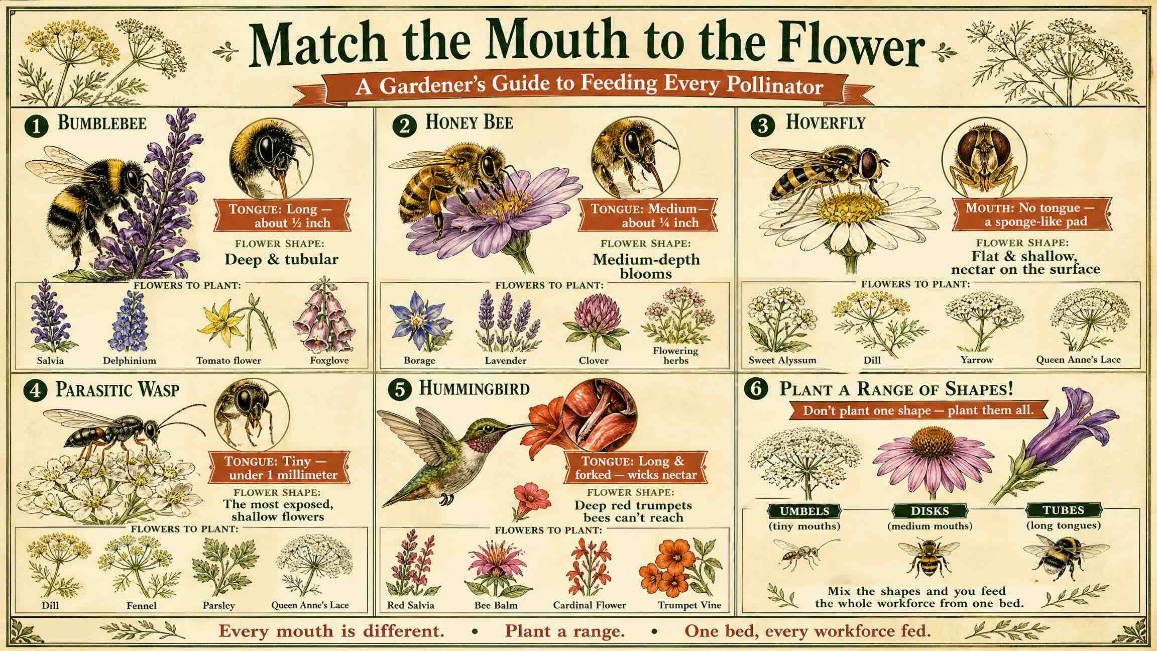 Match the mouth to the flower: umbels for tiny-mouthed wasps and hoverflies, disc flowers for bees, and tubular flowers for bumblebees and hummingbirds. Infographic matching pollinator mouthparts to the flower shapes they can feed from