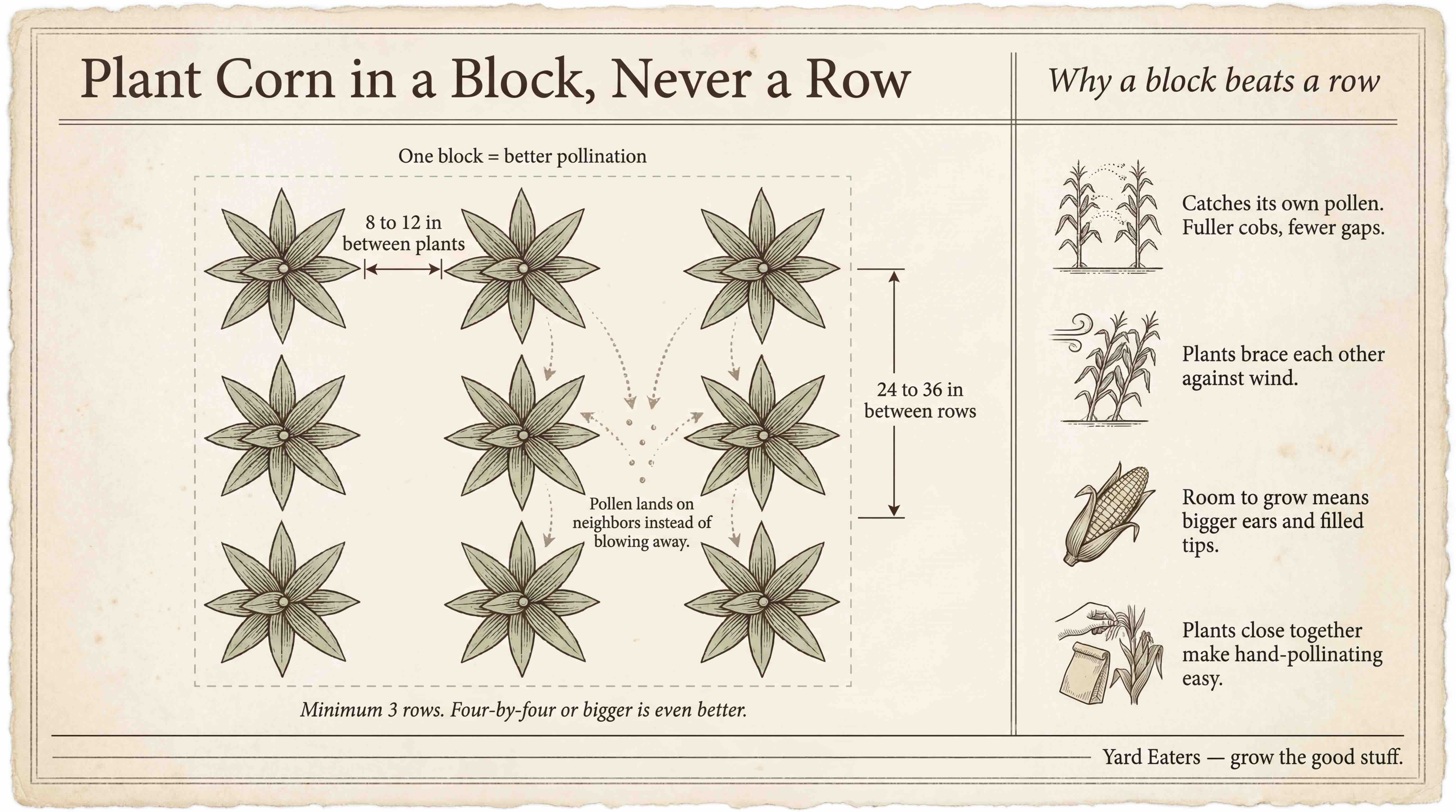 Plant corn in a block of at least 3 rows. Space plants 8 to 12 inches apart, with rows 24 to 36 inches apart. Diagram showing corn planted in a block with the spacing between plants and rows