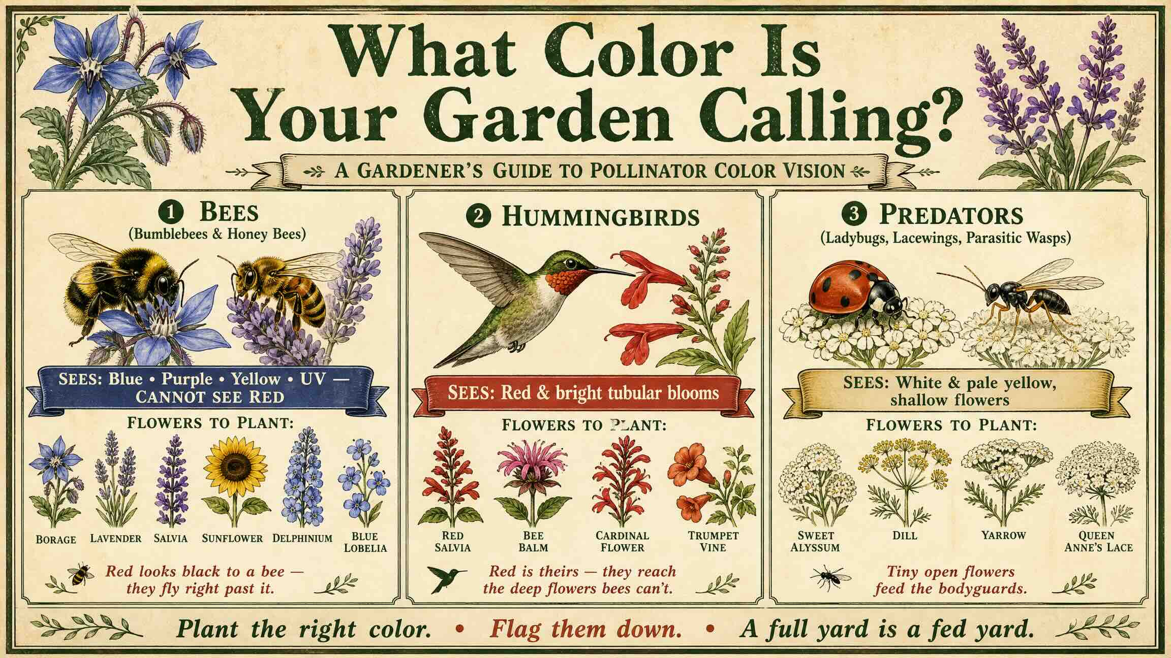 Bees see blue, purple, and yellow but not red. Hummingbirds go for red tubular blooms. Predators like ladybugs prefer small white and pale yellow flowers. Guide to which flower colors attract bees, hummingbirds, and predatory insects
