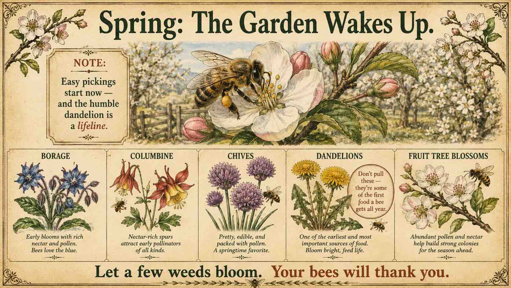 Let a few weeds bloom. Dandelions are one of the first foods a bee gets all year, so leave them be. Spring pollinator flowers including borage, columbine, chives, dandelions, and fruit tree blossoms