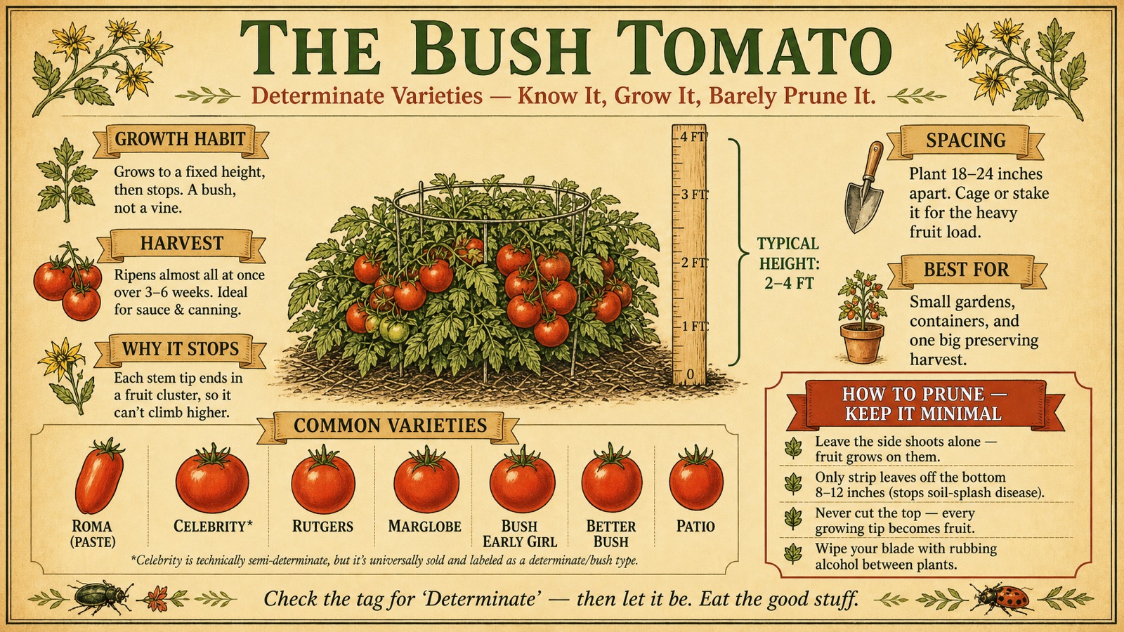Determinate (bush) tomatoes have a built-in height limit. Know it, grow it, barely prune it. The Bush Tomato: Determinate varieties grow to a fixed height of 2 to 4 feet and ripen all at once.
