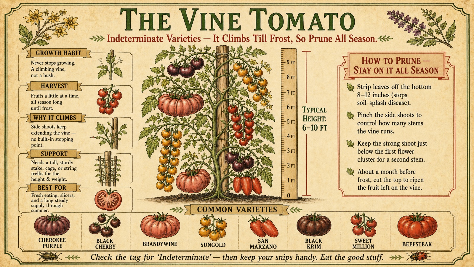 Indeterminate (vine) tomatoes climb until frost. You have to stay on top of pruning these all season long. The Vine Tomato: Indeterminate varieties are climbing vines that reach 6 to 10 feet and produce all season.
