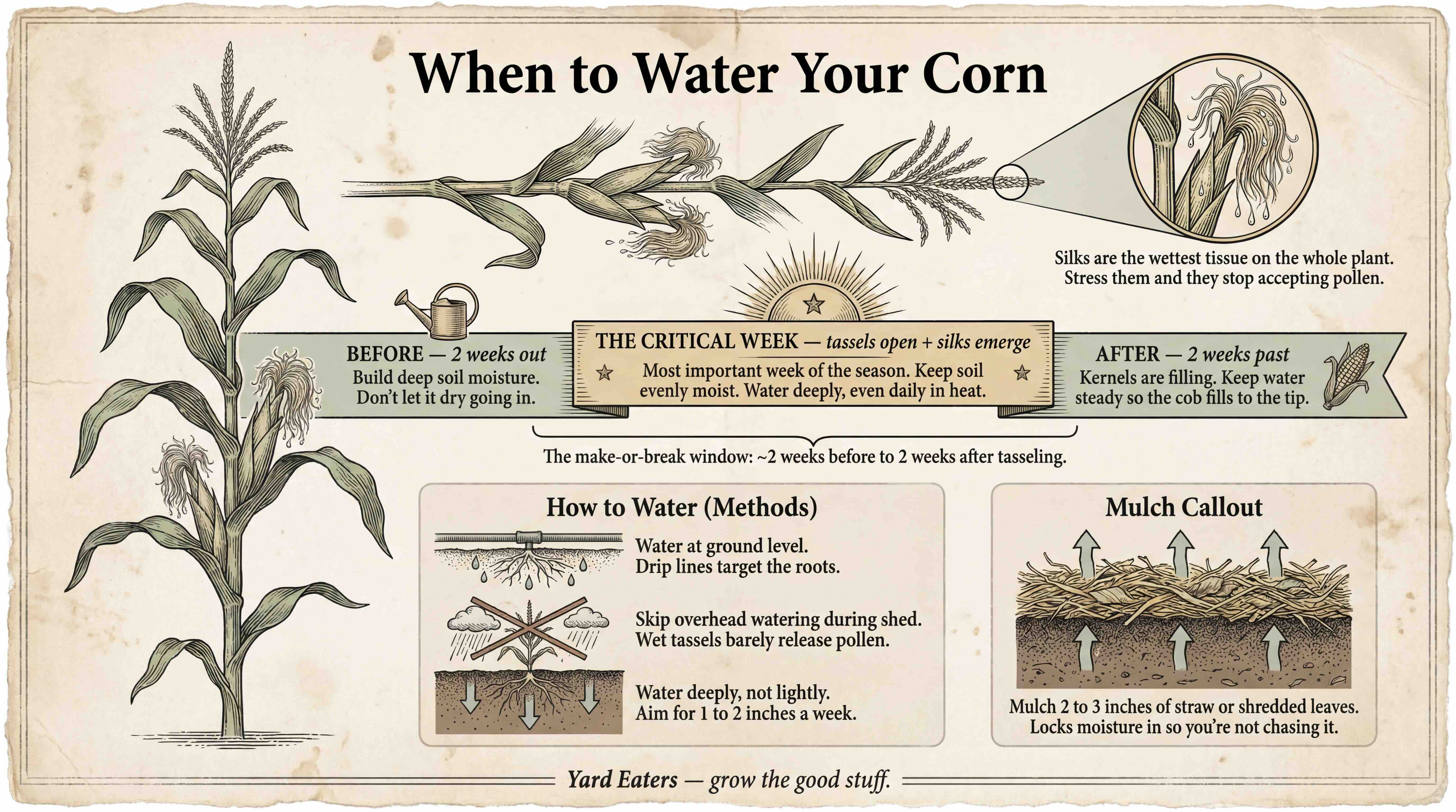 The make-or-break window runs from about 2 weeks before to 2 weeks after tasseling. Keep the soil evenly moist and water deeply at ground level. Guide to when and how to water corn around the tasseling stage